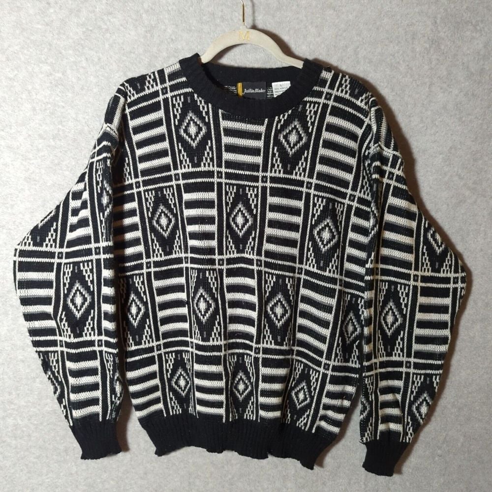 VTG Justin Blake Geometric AOP Knit Sweater Black/White Fair Isle Retro Men's L