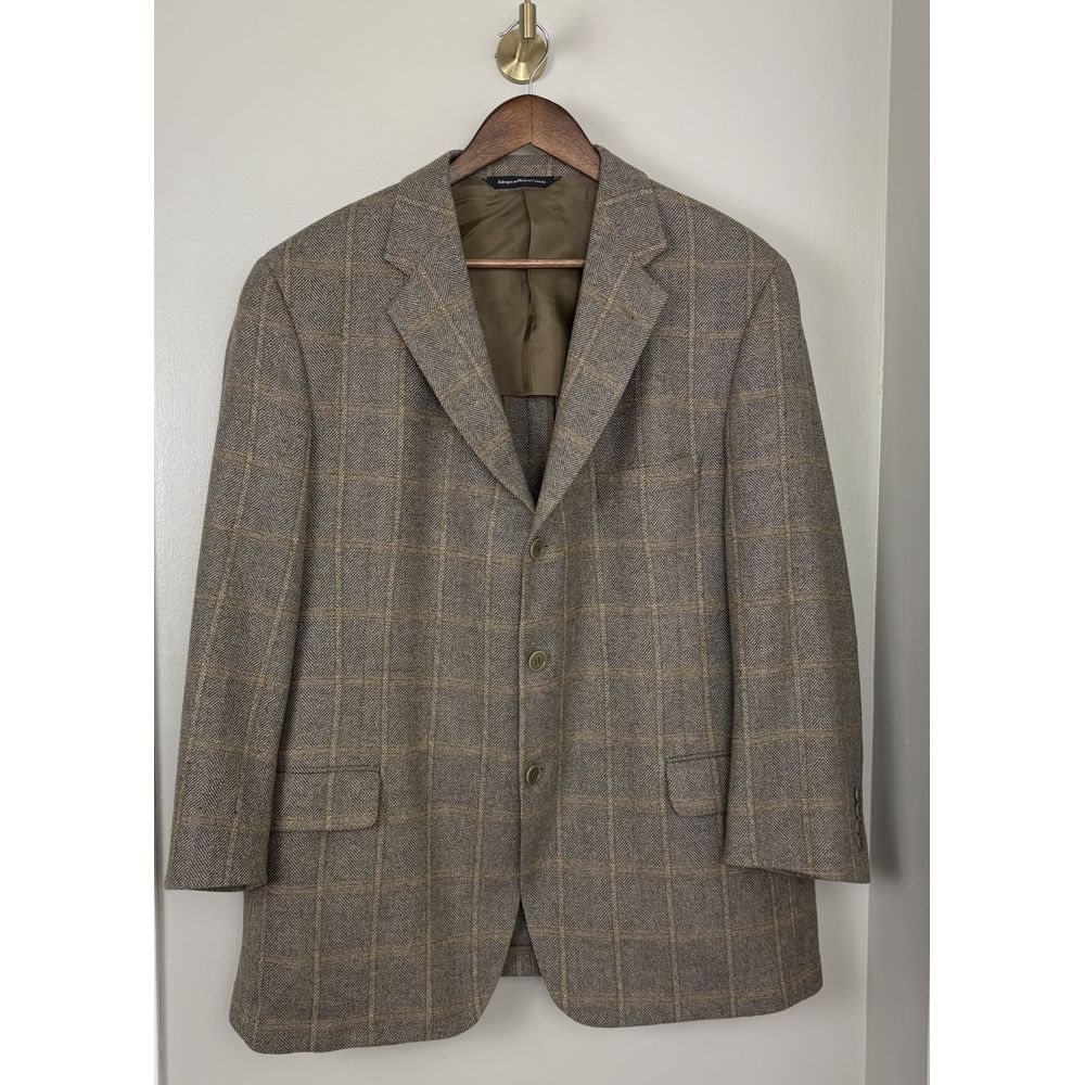 Ermenegildo Zegna Mens Blazer Coppley Size 46R Wool Cashmere Brown Plaid Tweed