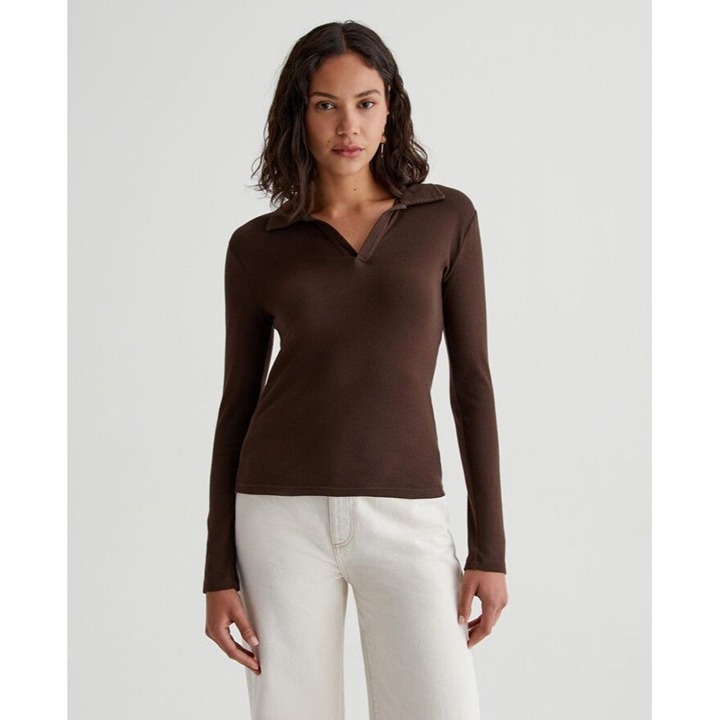 AG Los Angeles Brown Cotton Long Sleeve Collar Top Women's Size S