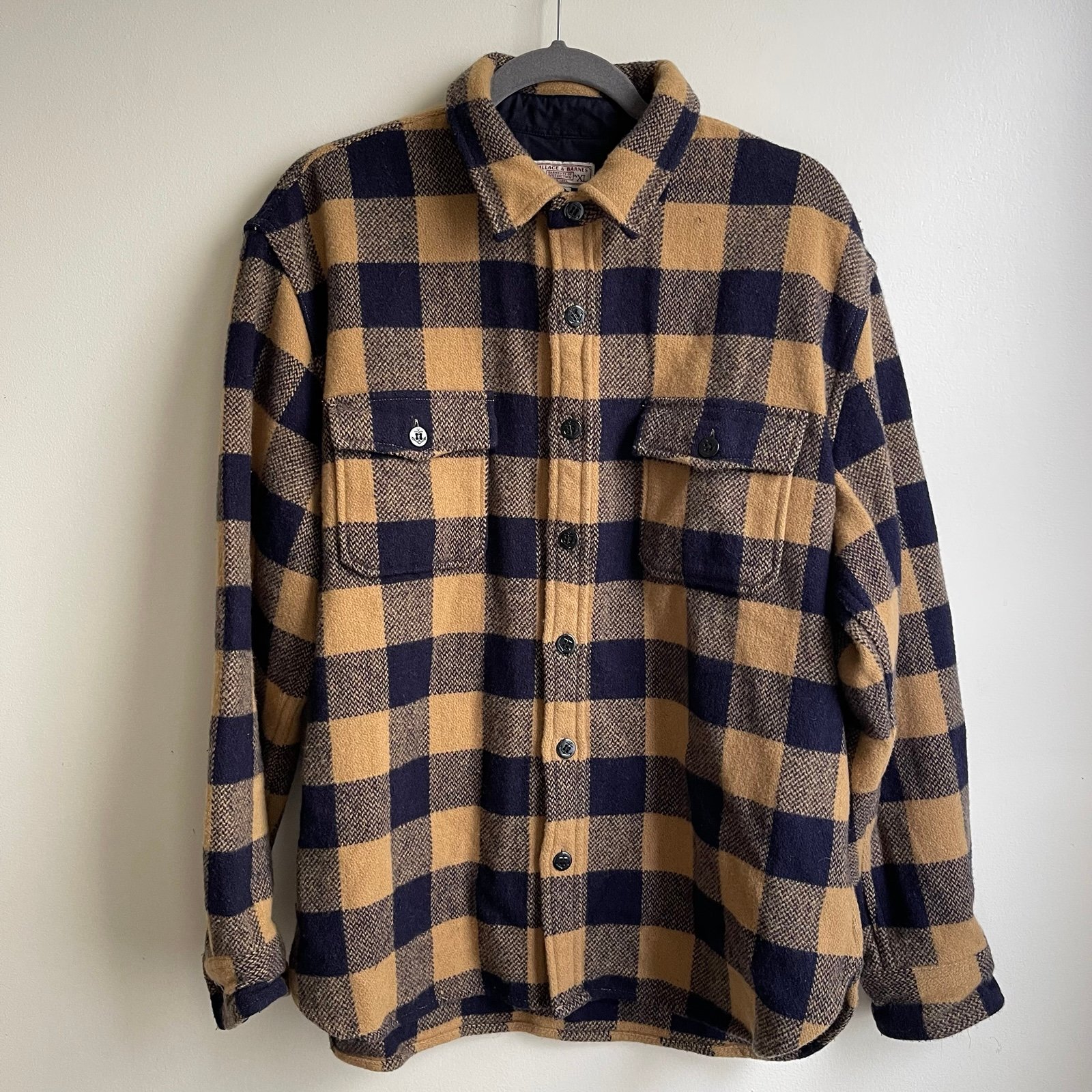 Vintage Wallace & Barnes Mens Wool Buffalo Plaid Tan Blue Button Collar Shirt XL