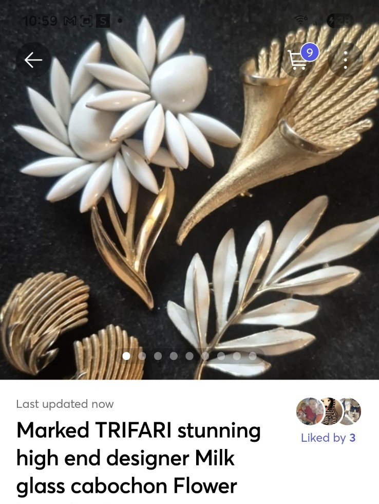 Marked TRIFARI stunning high end designer Milk glass cabochon Flower brooch +2