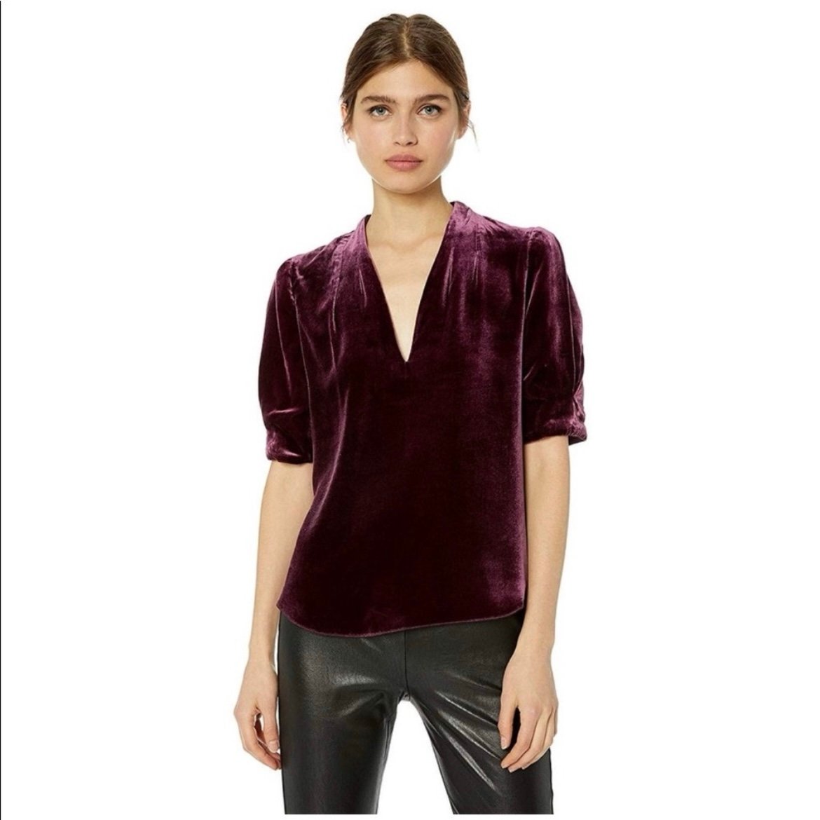 Joie Ance Velvet Silk Top Lined Puffed Short Sleeves Blackberry Sz XXS NWT