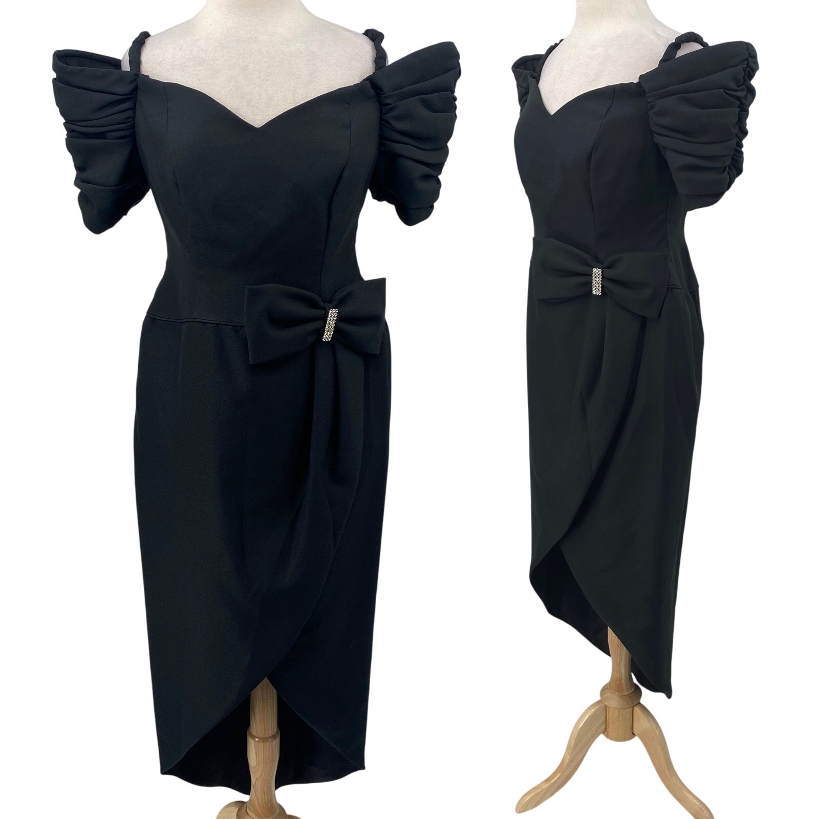 Vintage 80s Off Shoulder Puff Sleeve Bow Waist Tulip Hem Midi Maxi Dress Black 8