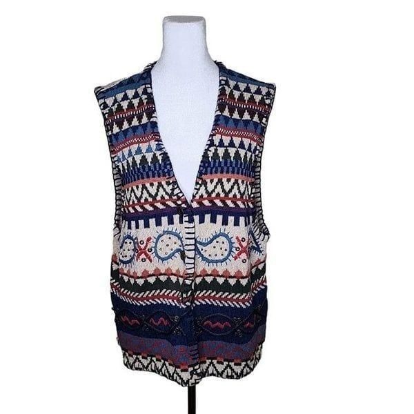 Vintage 90s J Jill Embroidered Nordic Sweater Vest Womens Size 1X Beige Multi