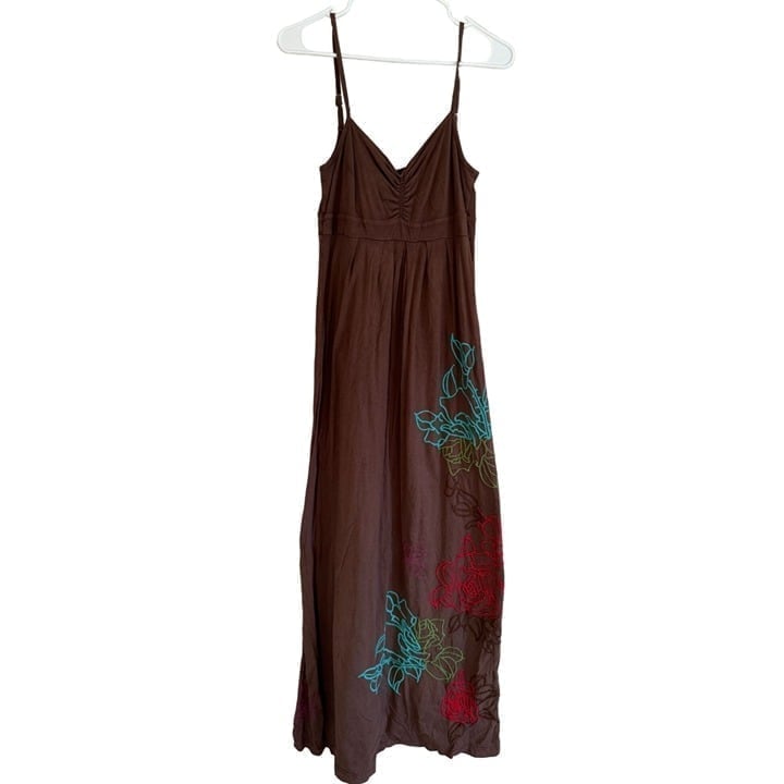 Johnny Was LA Embroidered Long Spaghetti Cami Strap Dress Brown Womans Small