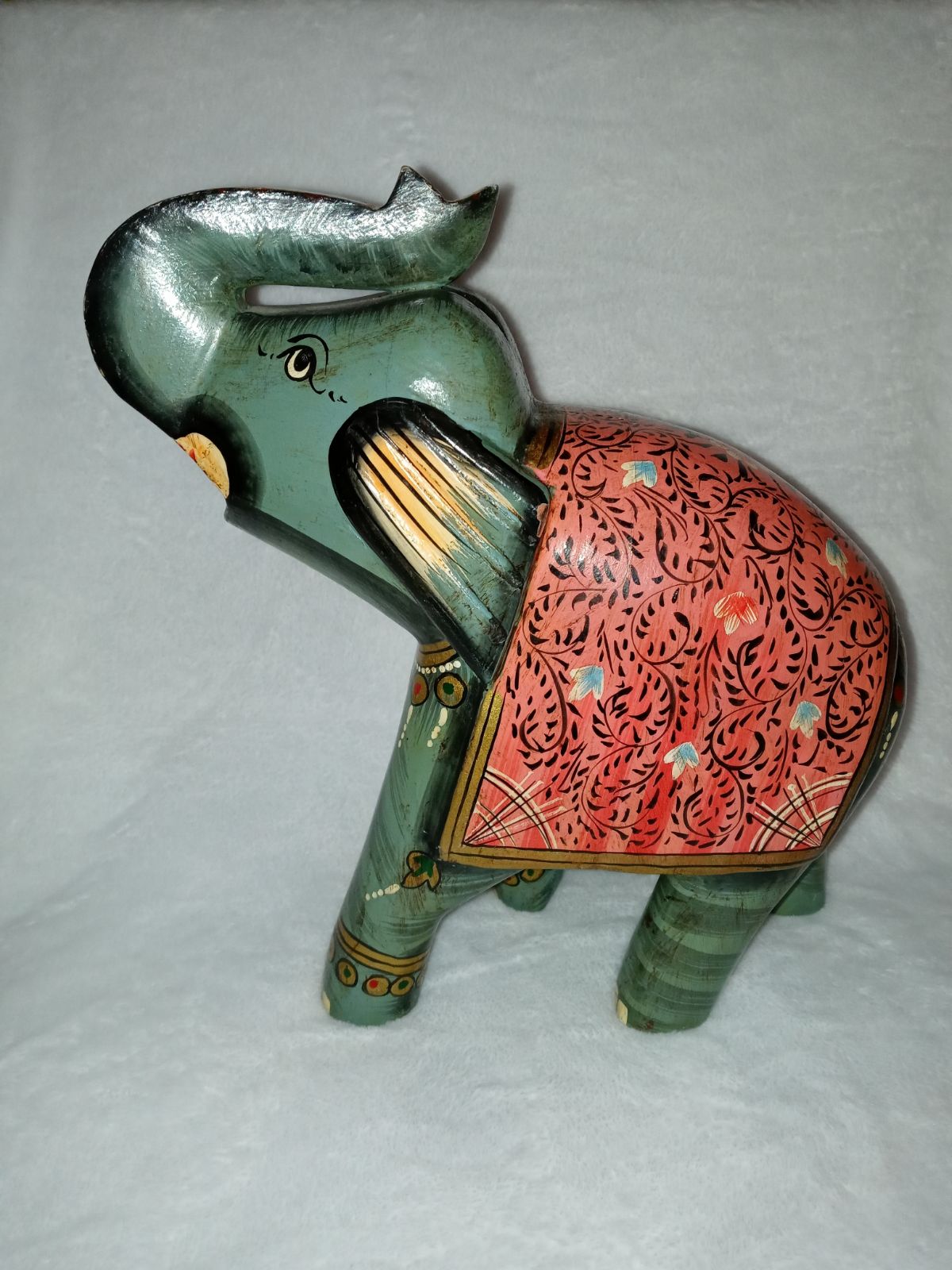 Wooden Green elephant Very Well Decorated. 9 1/2 tall. 8 long. Made in India.