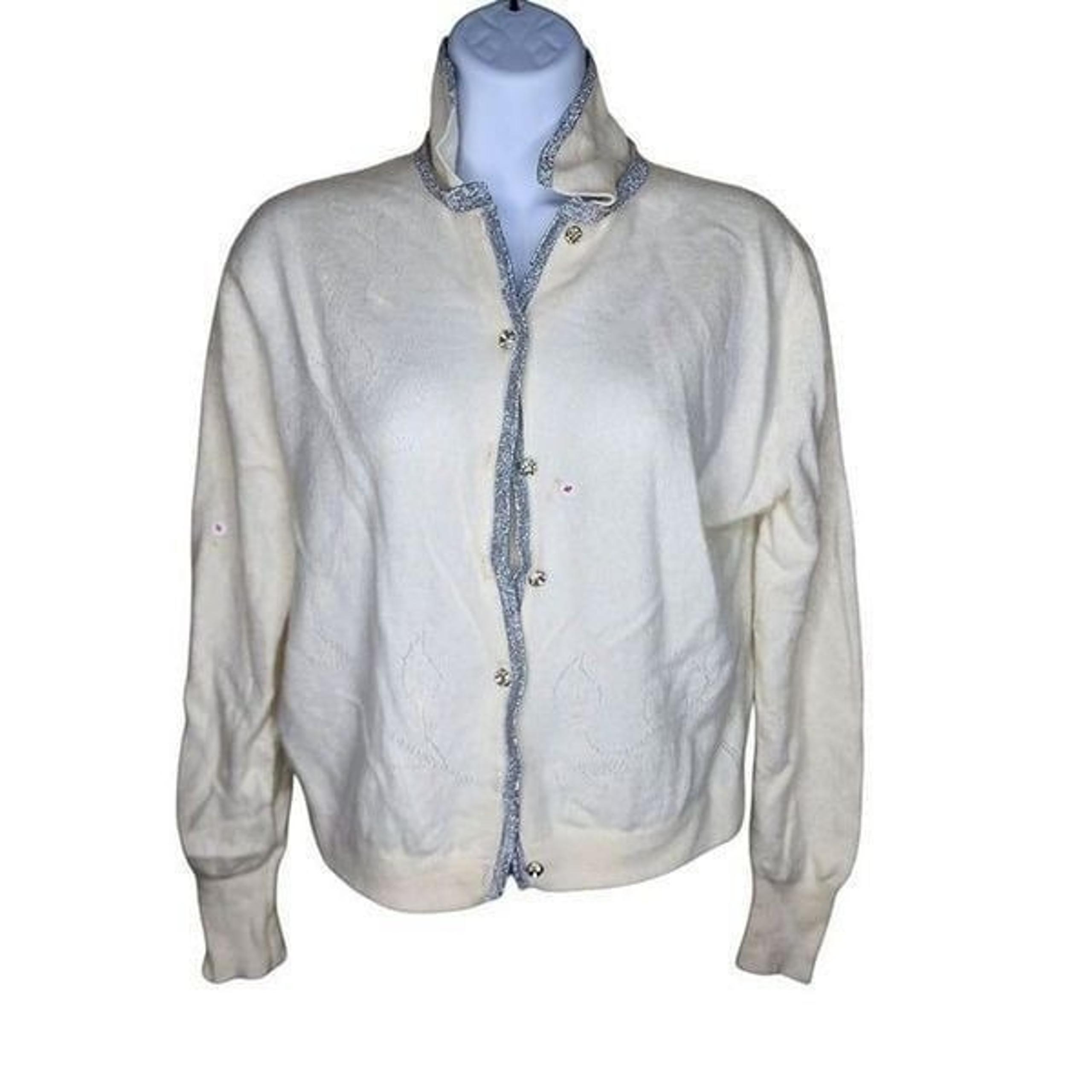 Vintage 50s Dalton Cashmere Cardigan Sweater Womens Size M Ivory Silver Pinup