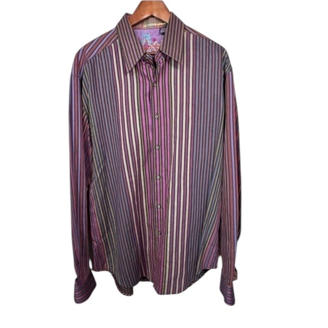 Robert Graham Striped Flip Cuff Long Sleeve 100% Silk Trim Dress Shirt XL