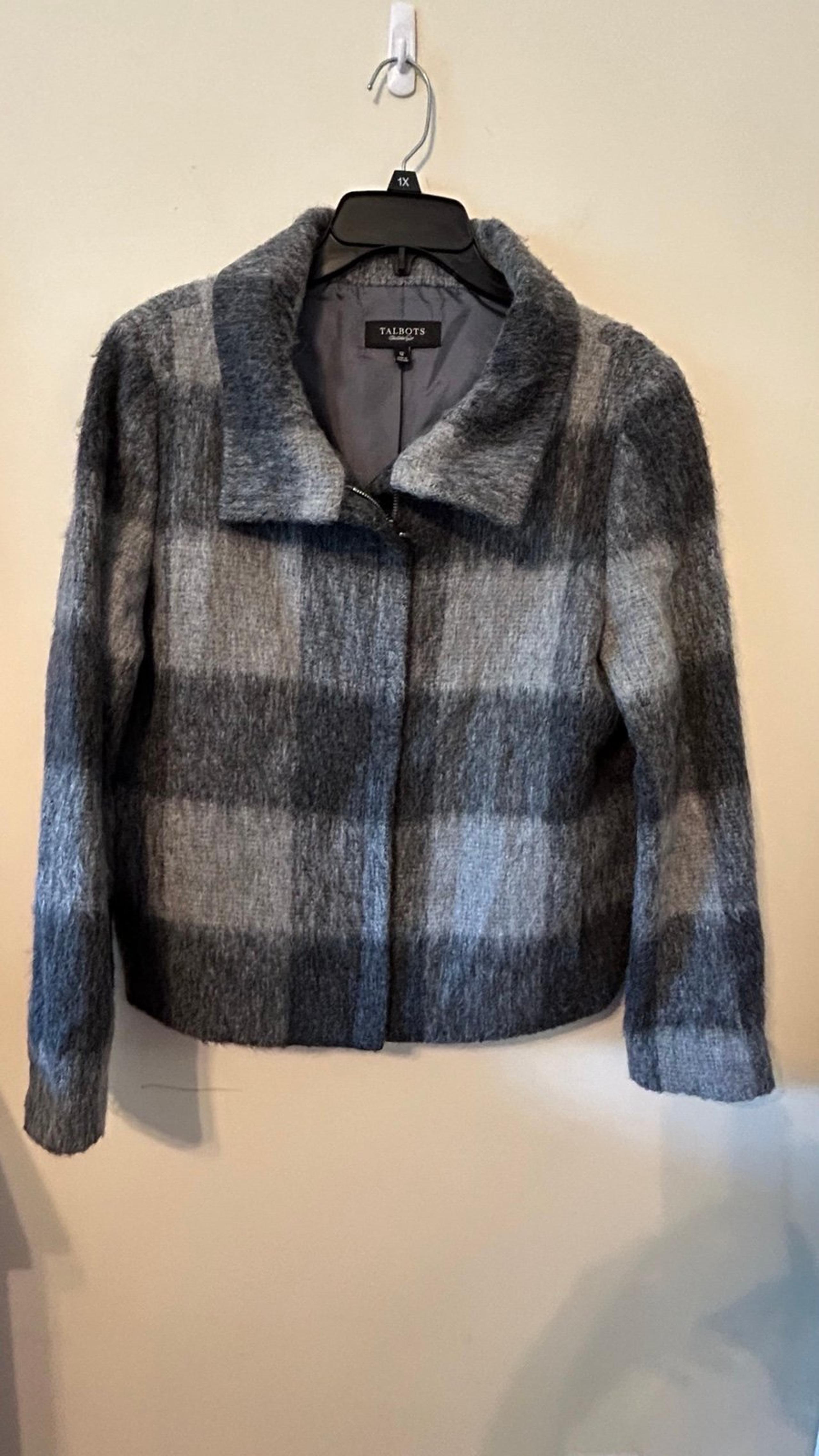 Talbots Collared Moto Zip Jacket Gray Color Block  Wool Blend Coat Size 12