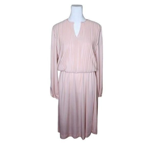 Vintage 80s Blouson Long Sleeve Dress Womens Size M Pink Crinkle