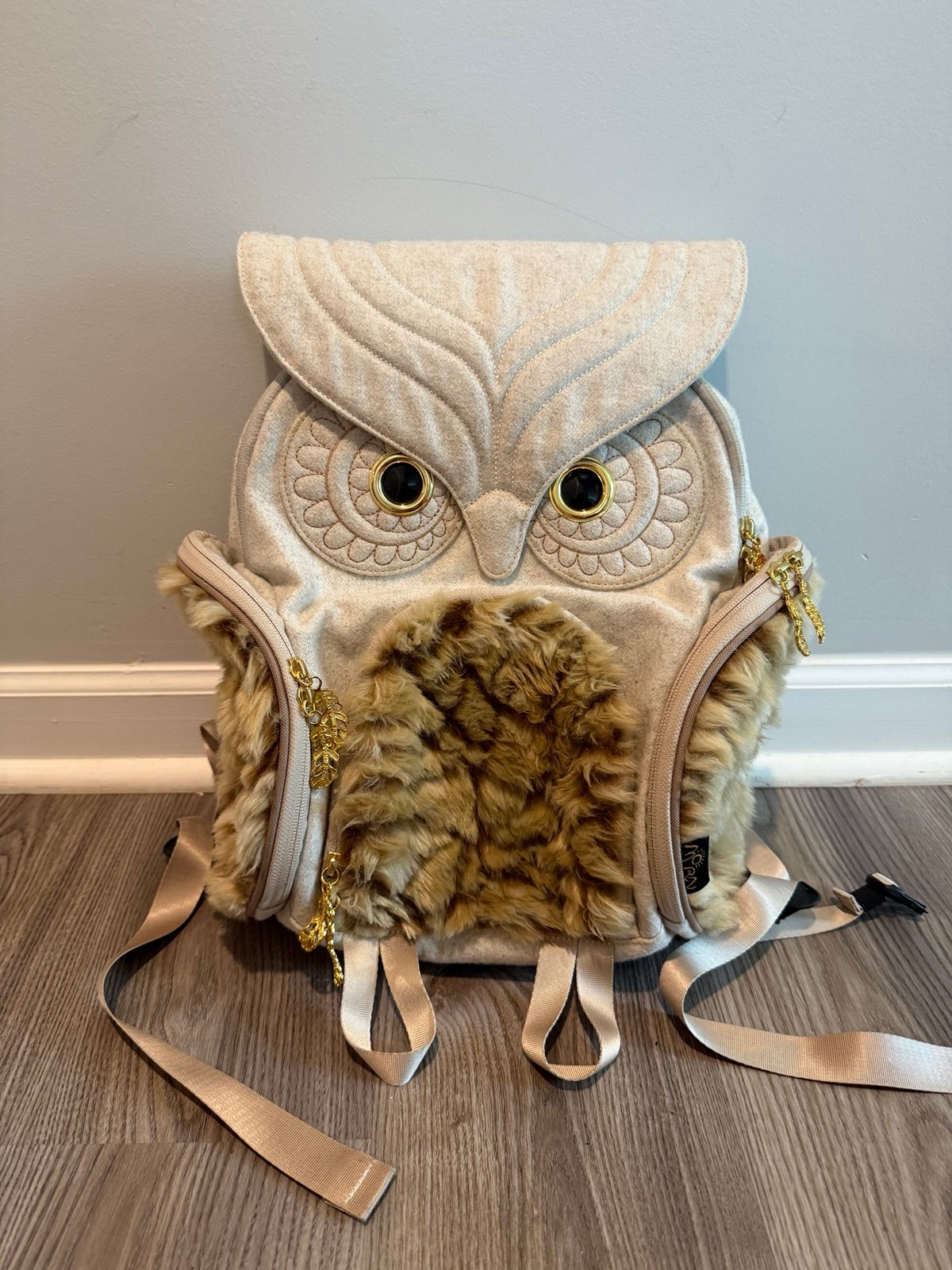 Morn Creations Owl Bag Backpack Faux Fur Gold Hardware $160 Wool flannel Vegan