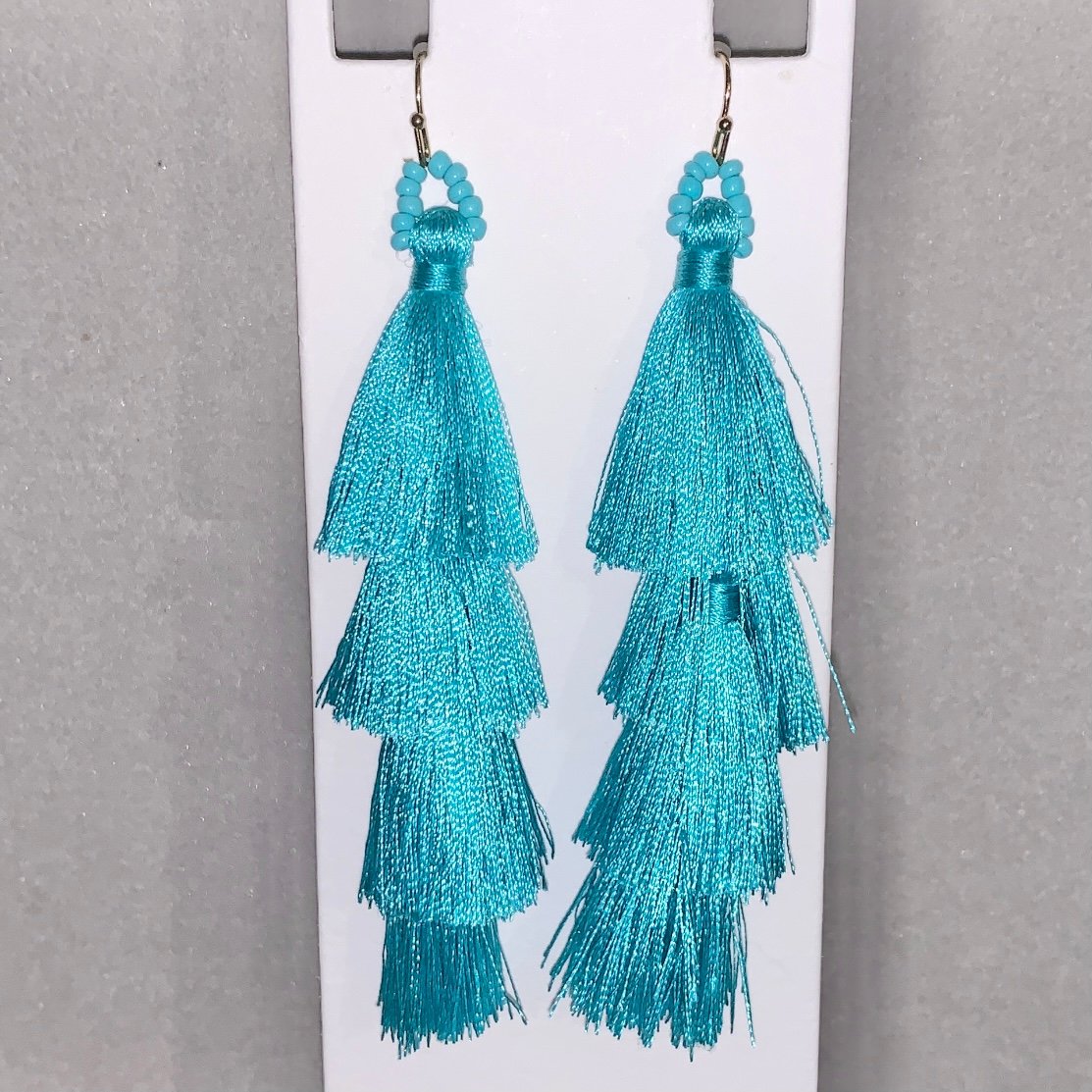 Teal blue fringe tassel dangle long statement earrings