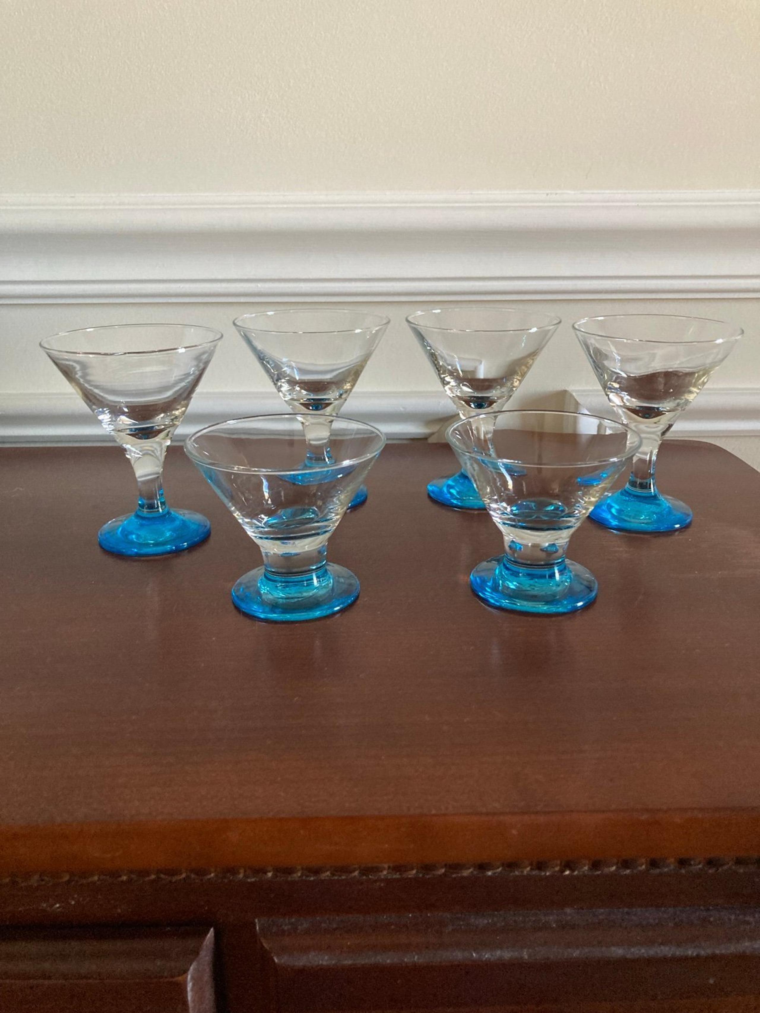 Libbey Glass Teal Base with Clear Bowl Aperitif Set of 6 Vintage Drinkware
