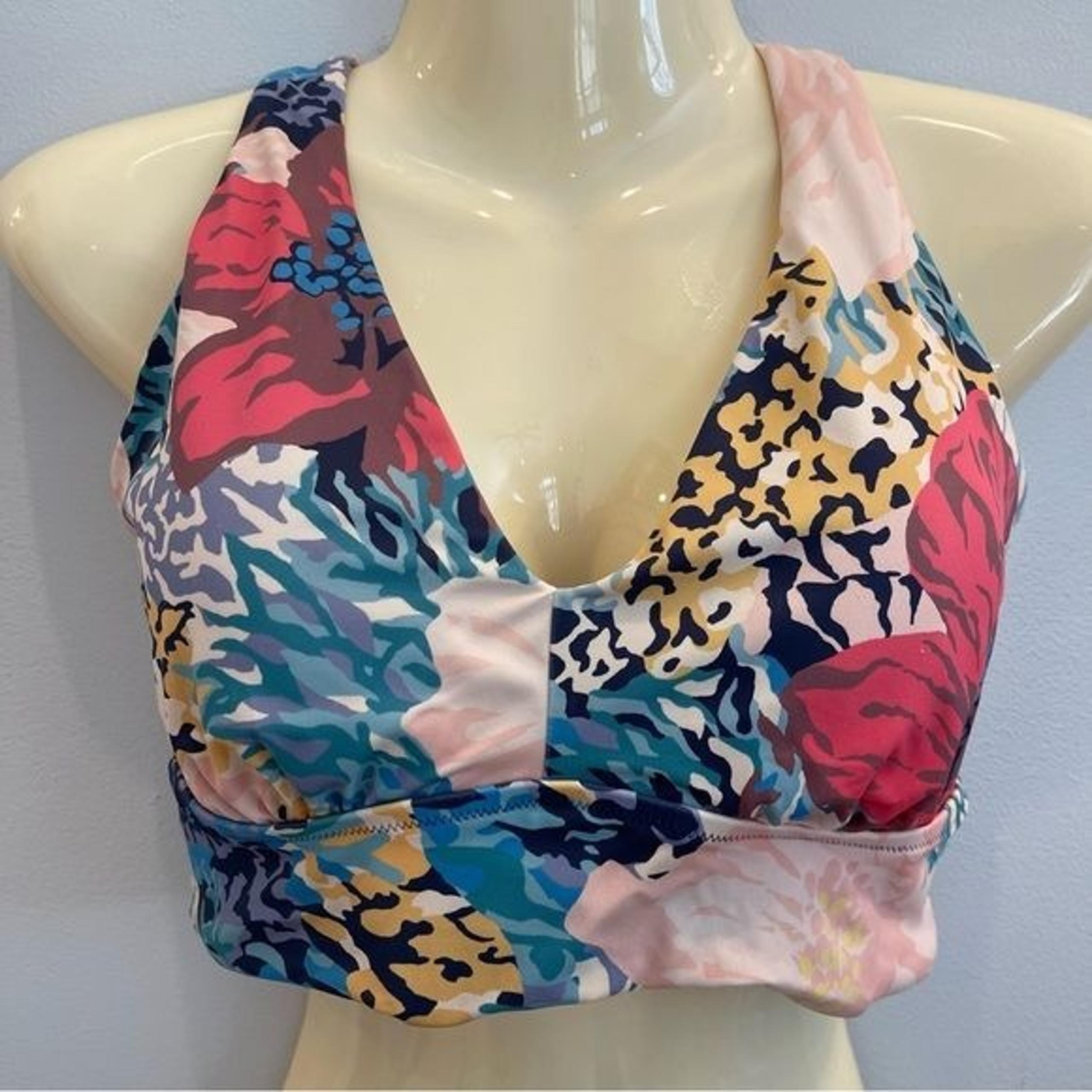 Athleta Bikini Top Womens Medium Plunge Neckline Colorful Floral Cream
