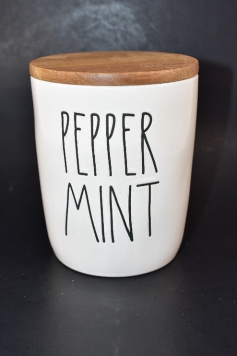 RAE DUNN BY MAGENTA PEPPERMINT CELLAR WITH WOOD LID CANISTER