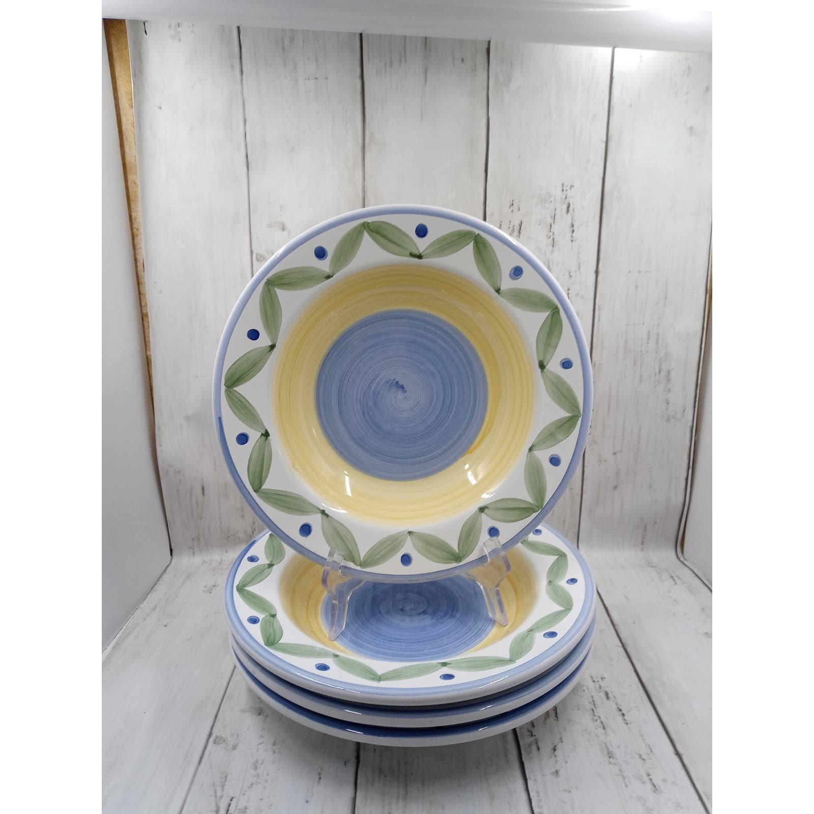 Marisol Large Rim Soup Bowl William Sonoma Italy Blue Yellow Green Blue Bands