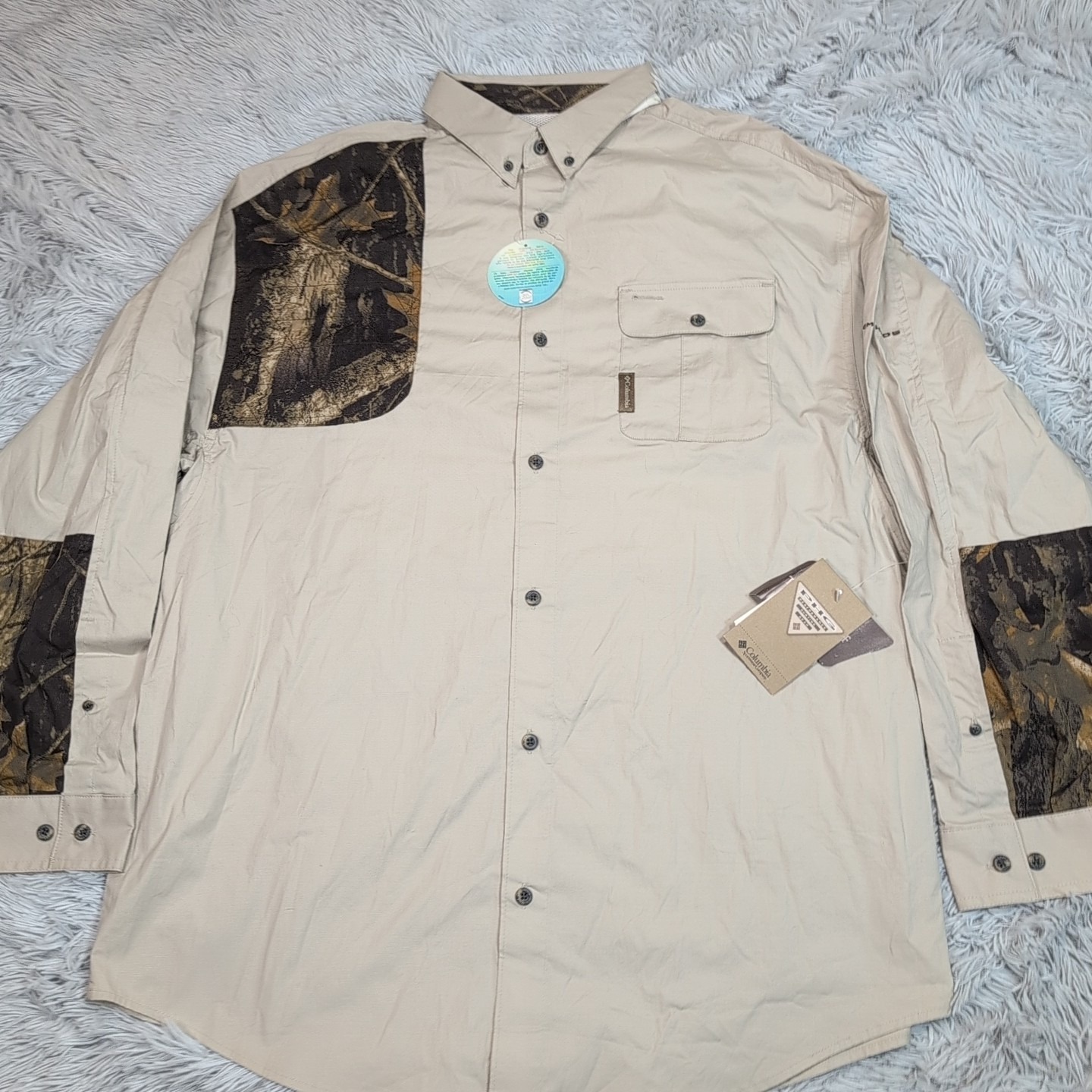 Columbia Shirt Mens XL Biege Button Up PHG Omni Shade Pockets Hunting Shoot New