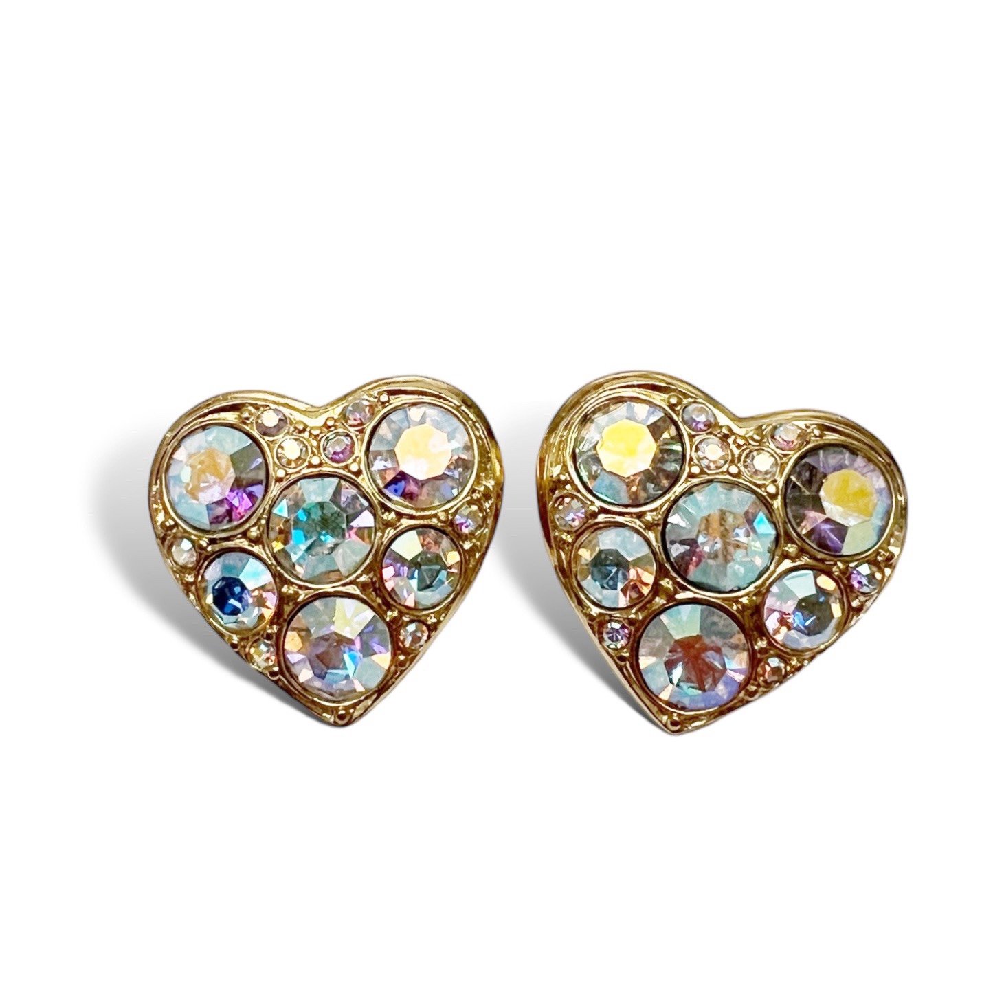 Vintage Kirks Folly Heart Aurora Borealis AB Crystal Goldtone Clip On Earrings