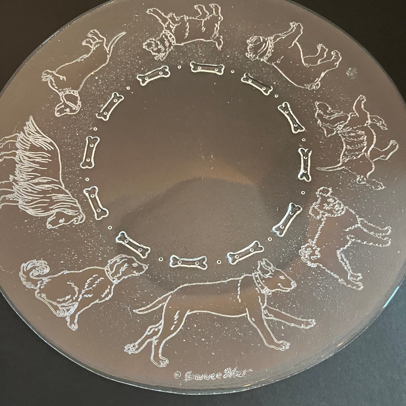 Joanne West Signed Clear Glass Embossed Dog Plate / Platter 13”.