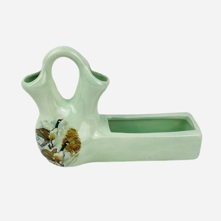 RARE VTG Green Double Opening Spout Bud Vase Planter Geese Mallard Duck Signed