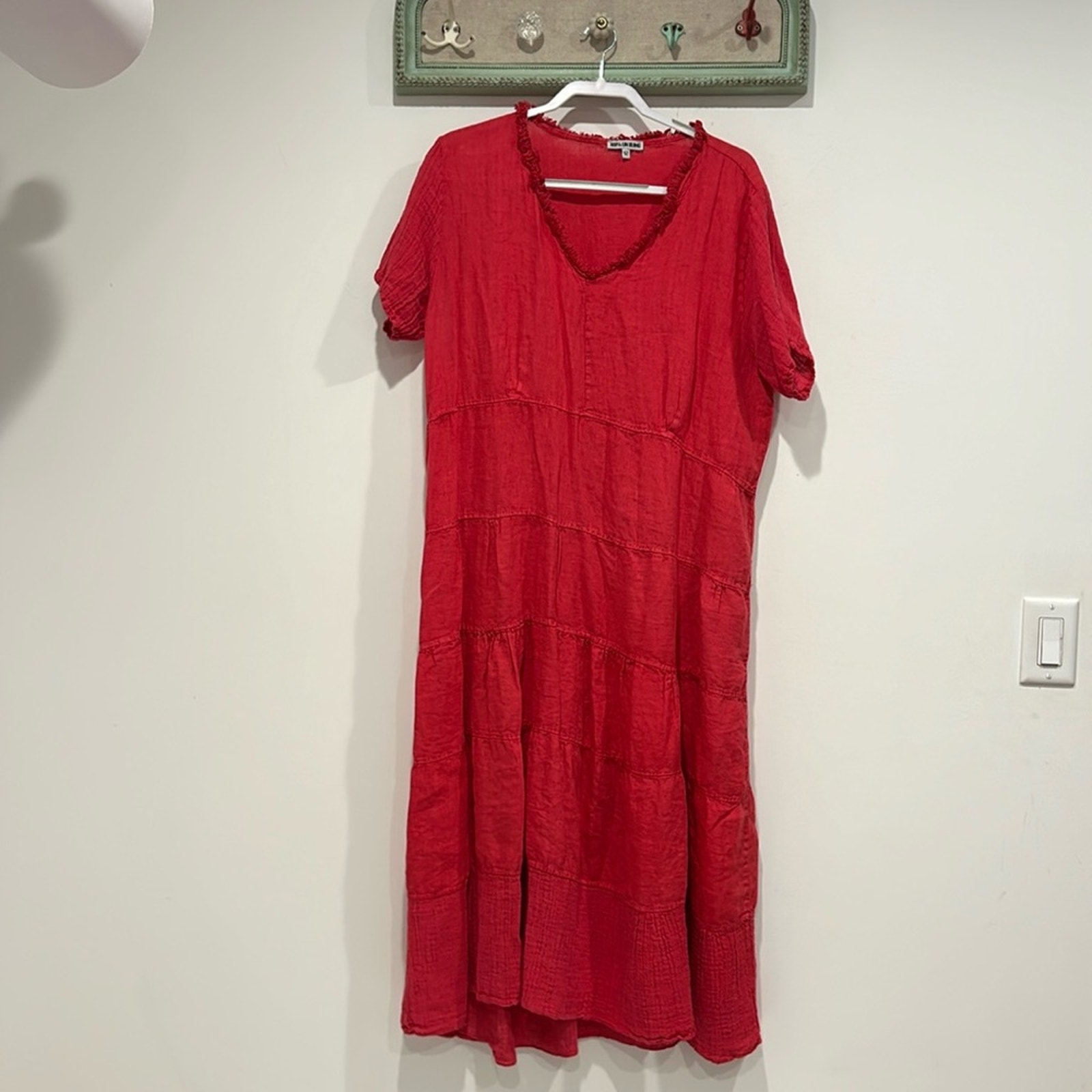 Linen V-neck tiered short sleeve BoHo maxi dress red women’s XXL plus size