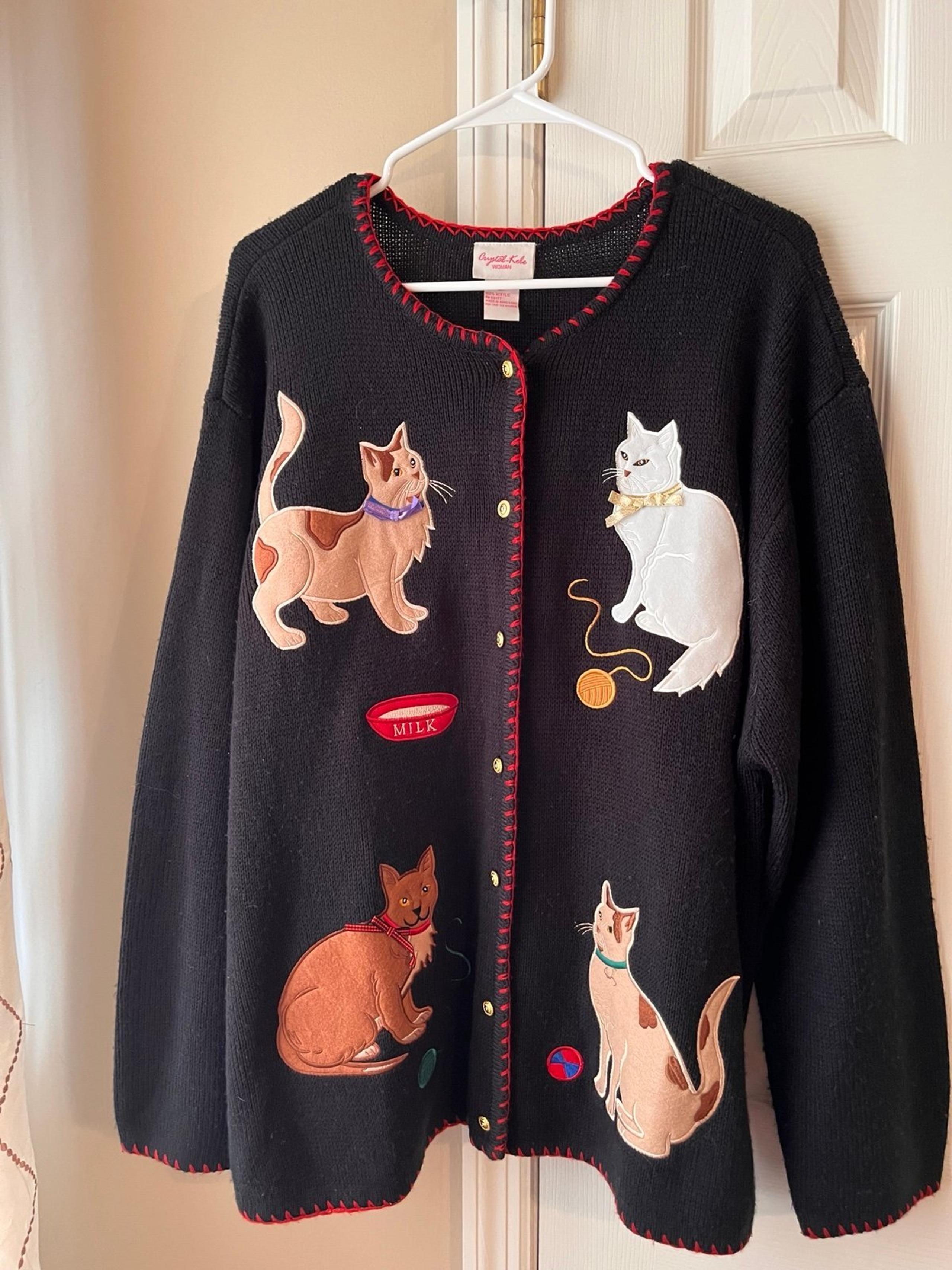Vintage “Crystal Kobe Woman” Cat Cardigan Sweater. Women’s 2X