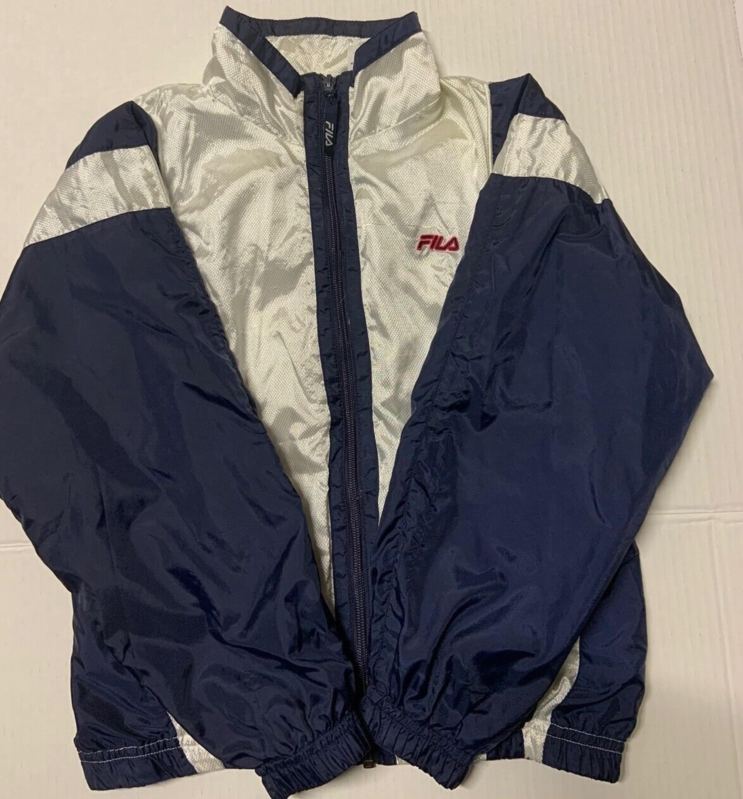 Vintage FILA Youth White/ Navy Windbreaker Jacket Warm-Up Full Zip Size M