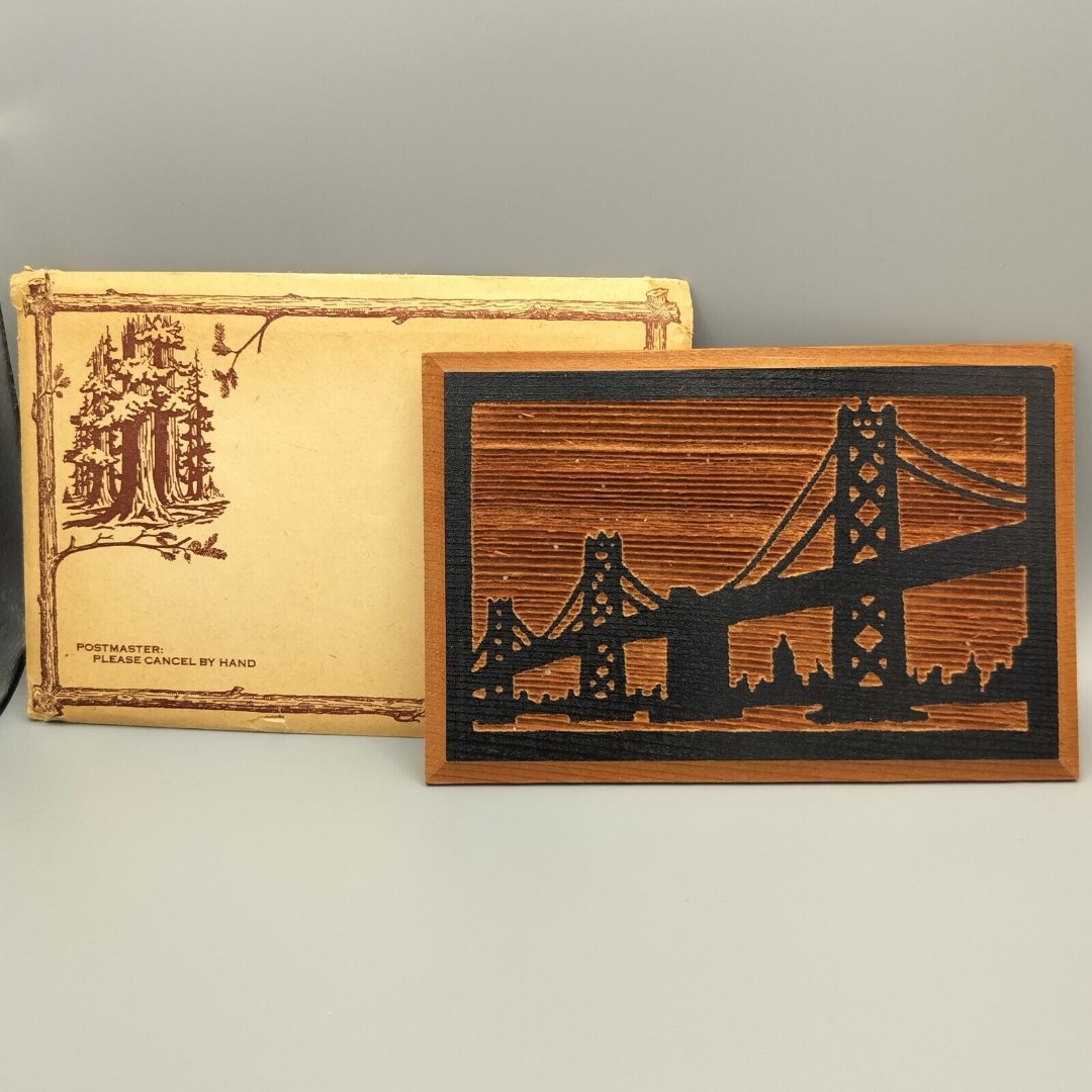 Oakland Bay Bridge Redwood Postcard California Antique Real Wood With Envelope