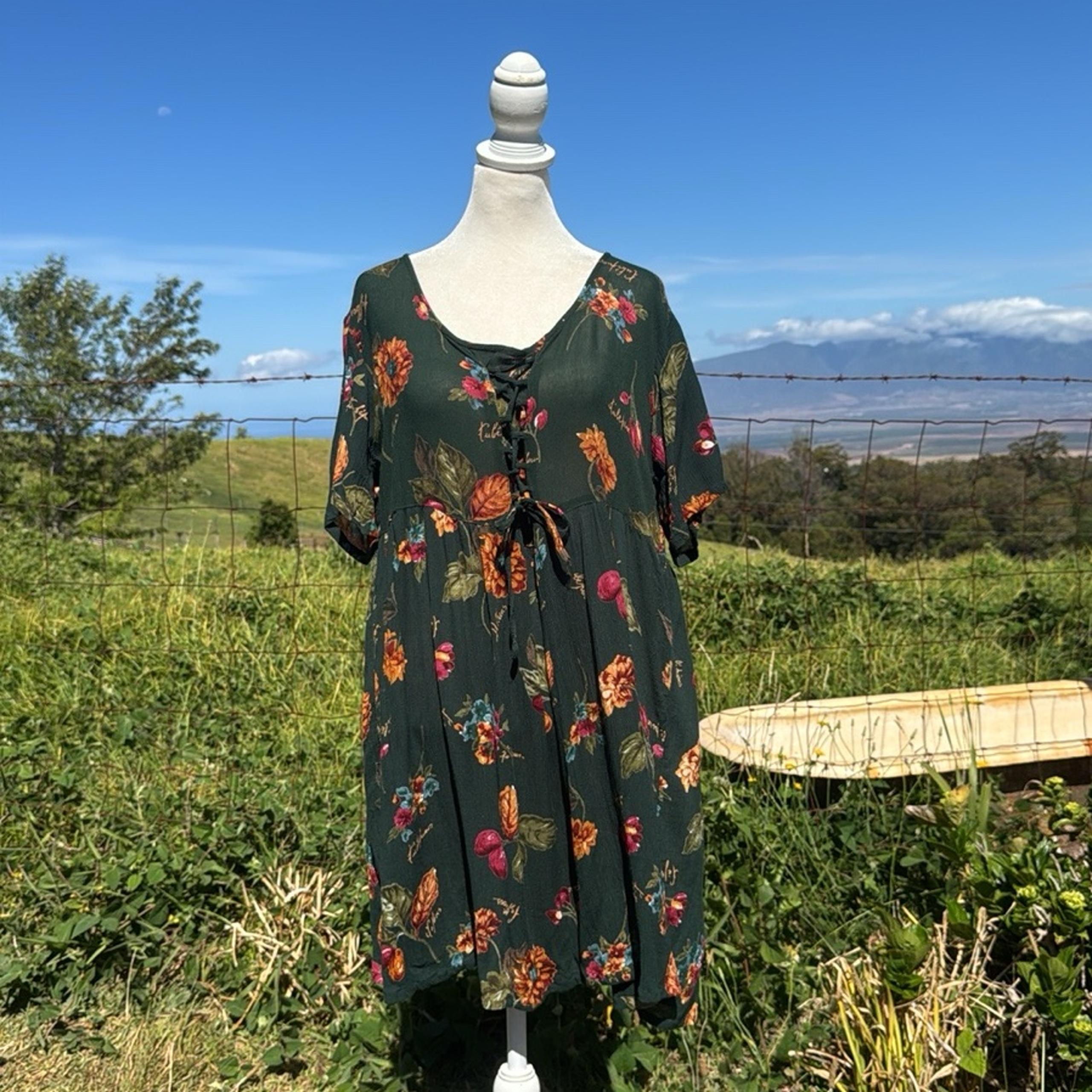 Vintage Sita Y2K 90s Green Garden Floral Short Sleeve Swing Babydoll Dress  M