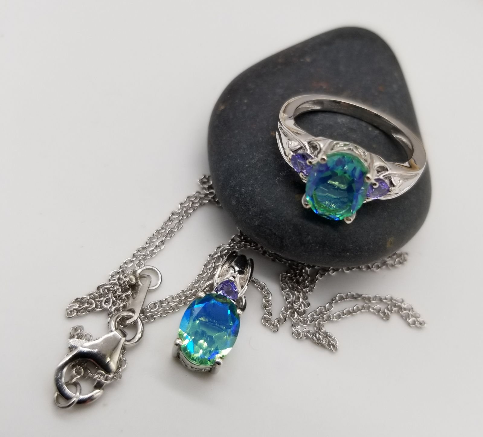 Peacock Quartz, Ring, Necklace.