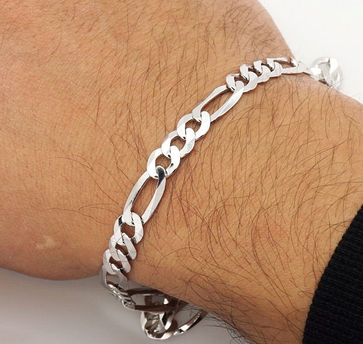 Mens 7 18K White Gold Figaro Chain Link Bracelet 18 Karat Guys Silver Jewelry
