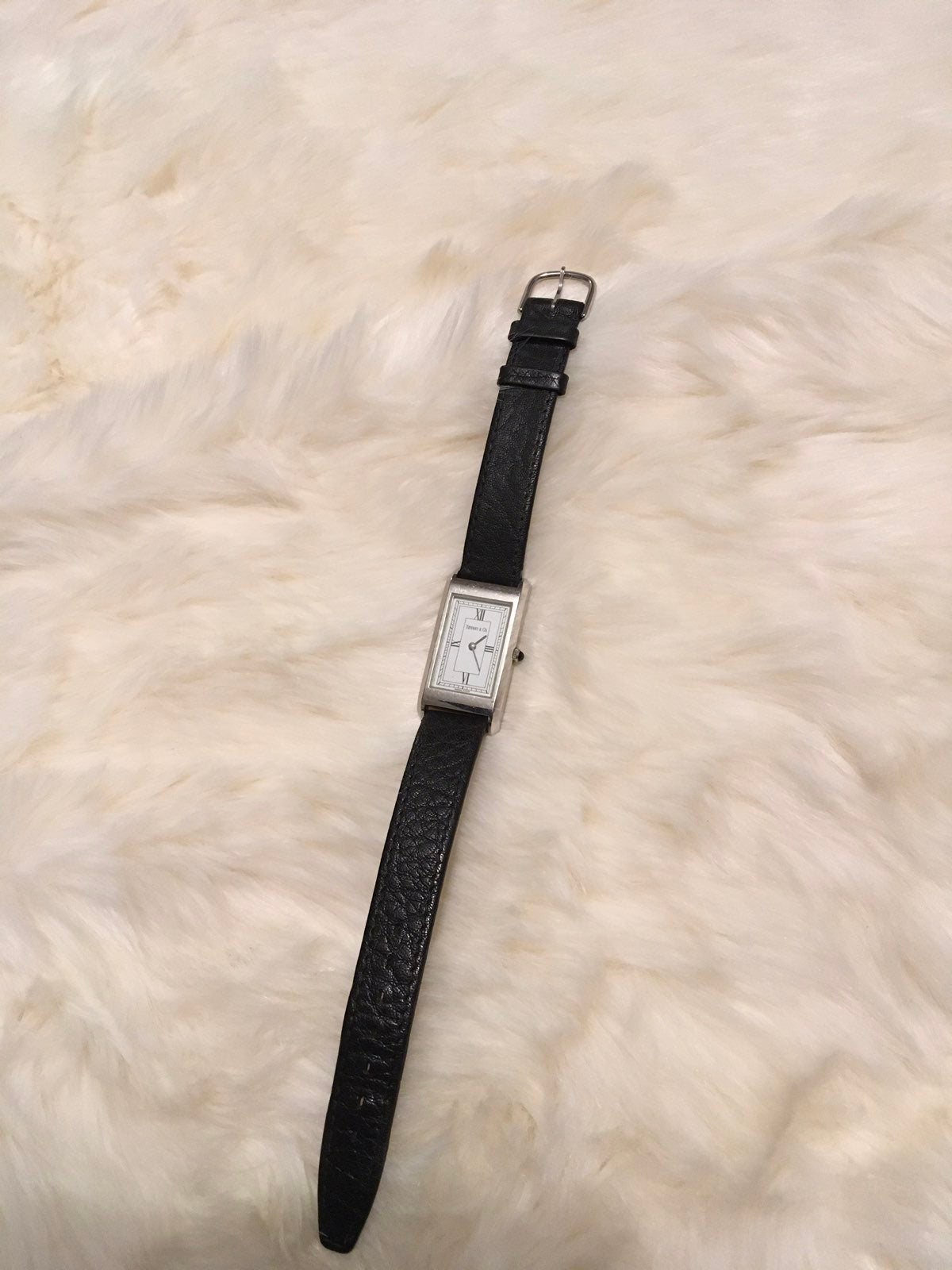 Vintage TIFFANY & CO Black Leather WATCH Rectangle Roman Numeral