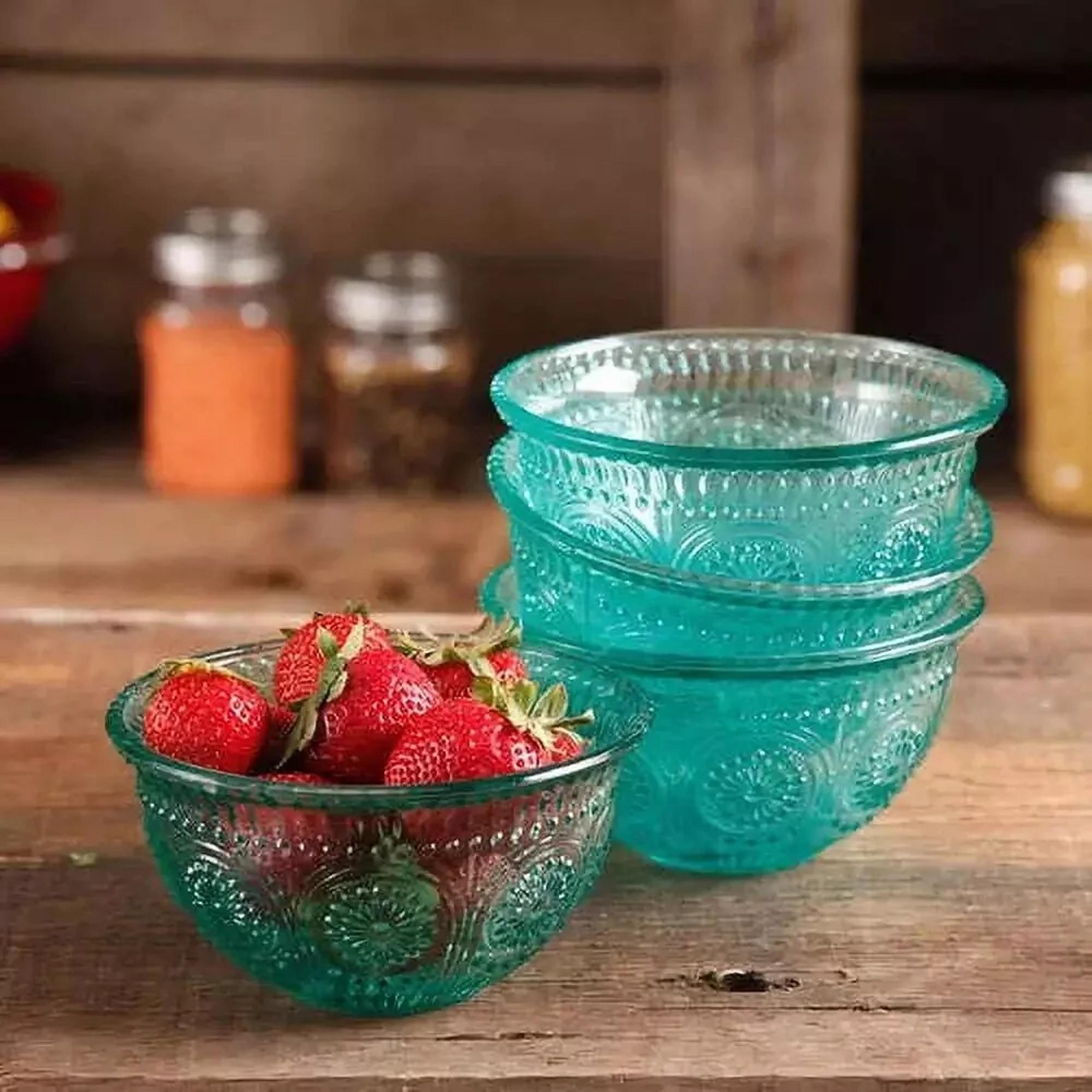TWO Pioneer Woman Adeline Turquoise Glass Fruit Dessert Bowls