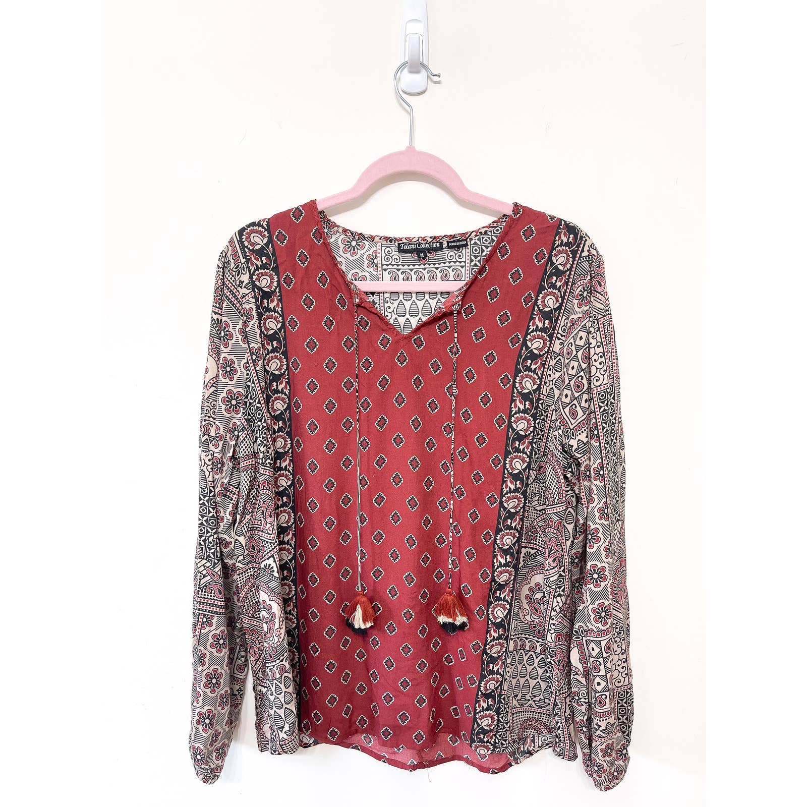 Tolani Collection Printed Boho Tassel Blouse Size Medium