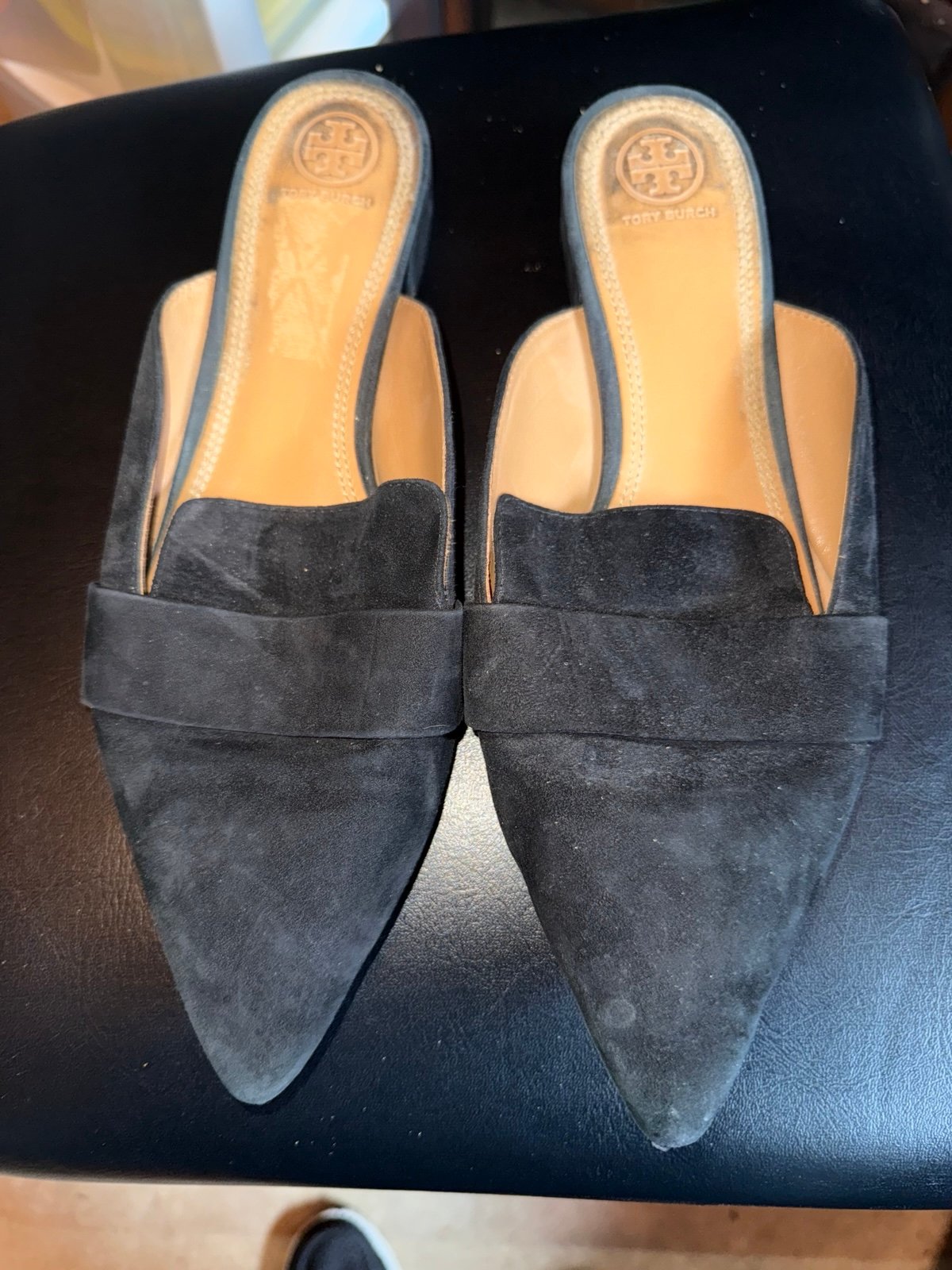 Tory Burch black suede Rosalind pointed toe slip on mule size 11