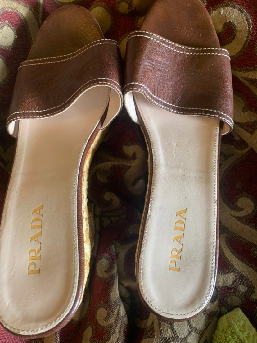 Prada brown leather heeled sandals.