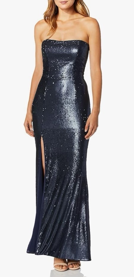 Dress the Population Ellen Strapless Dress Long Gown In Navy Sequin