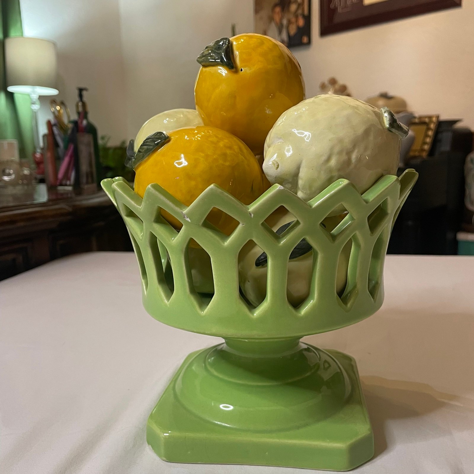 VTG Portugal Green Ceramic Citrus Fruit Basket with Lemons
