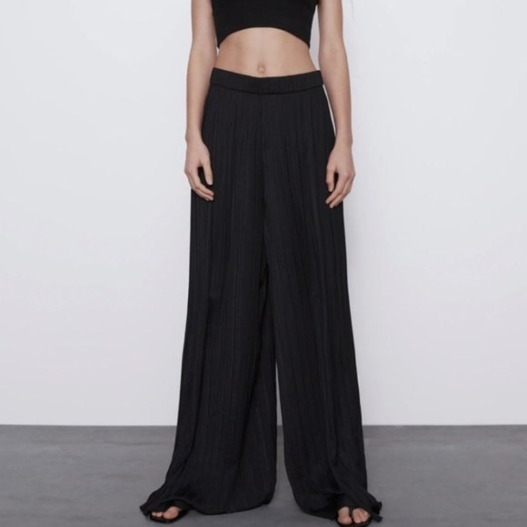 Black Zara Elastic Waist Pleated Wide Leg Palazzo Pants (NWT)