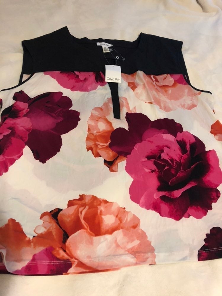Calvin Klein Huge Roses Blouse 1X 18/20 Sleeveless White Black Pink New 16/18