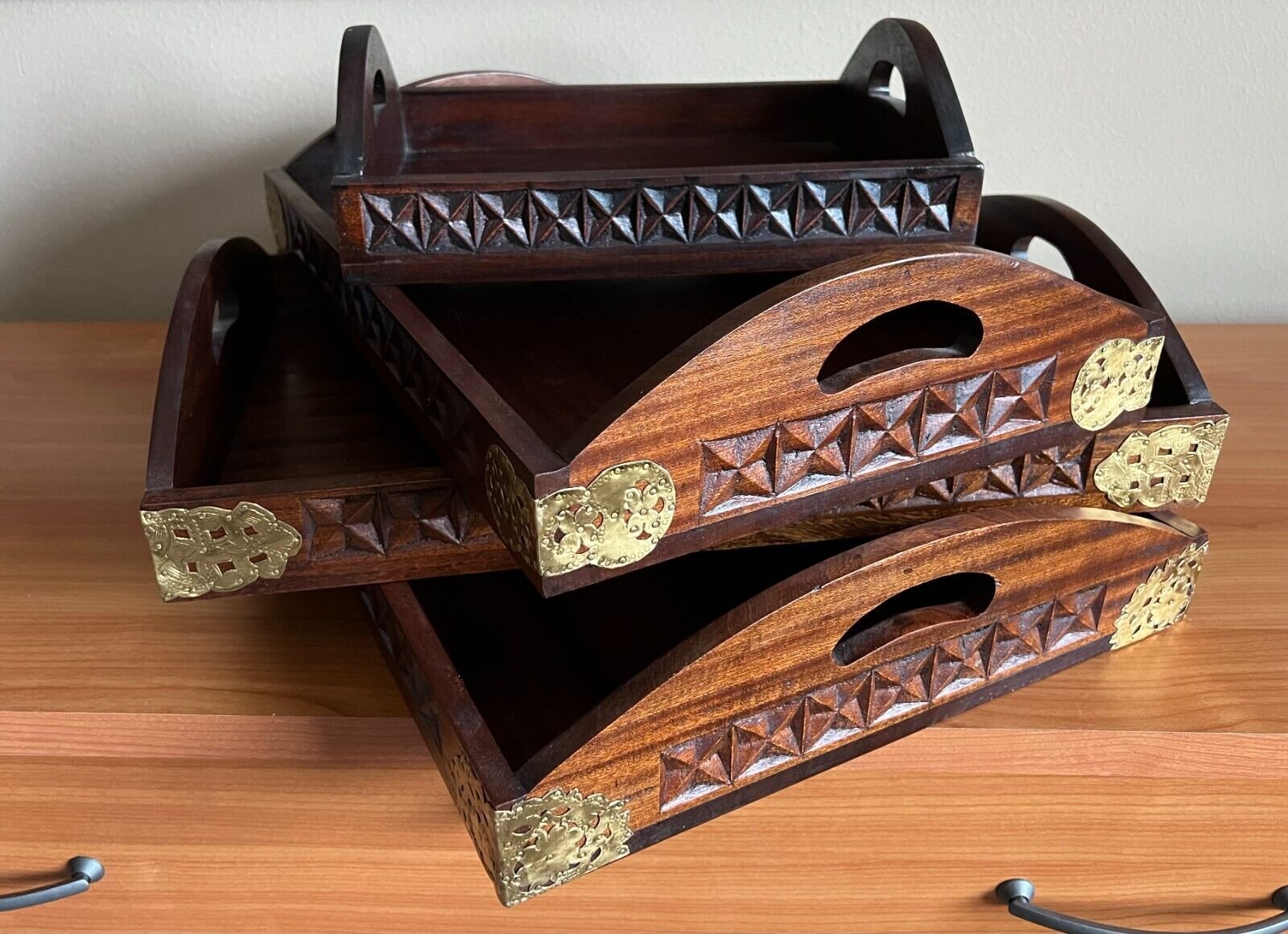 Handcrafted Mahogany & Brass Decorative Serving Trays - Set of 4 Africa NEW