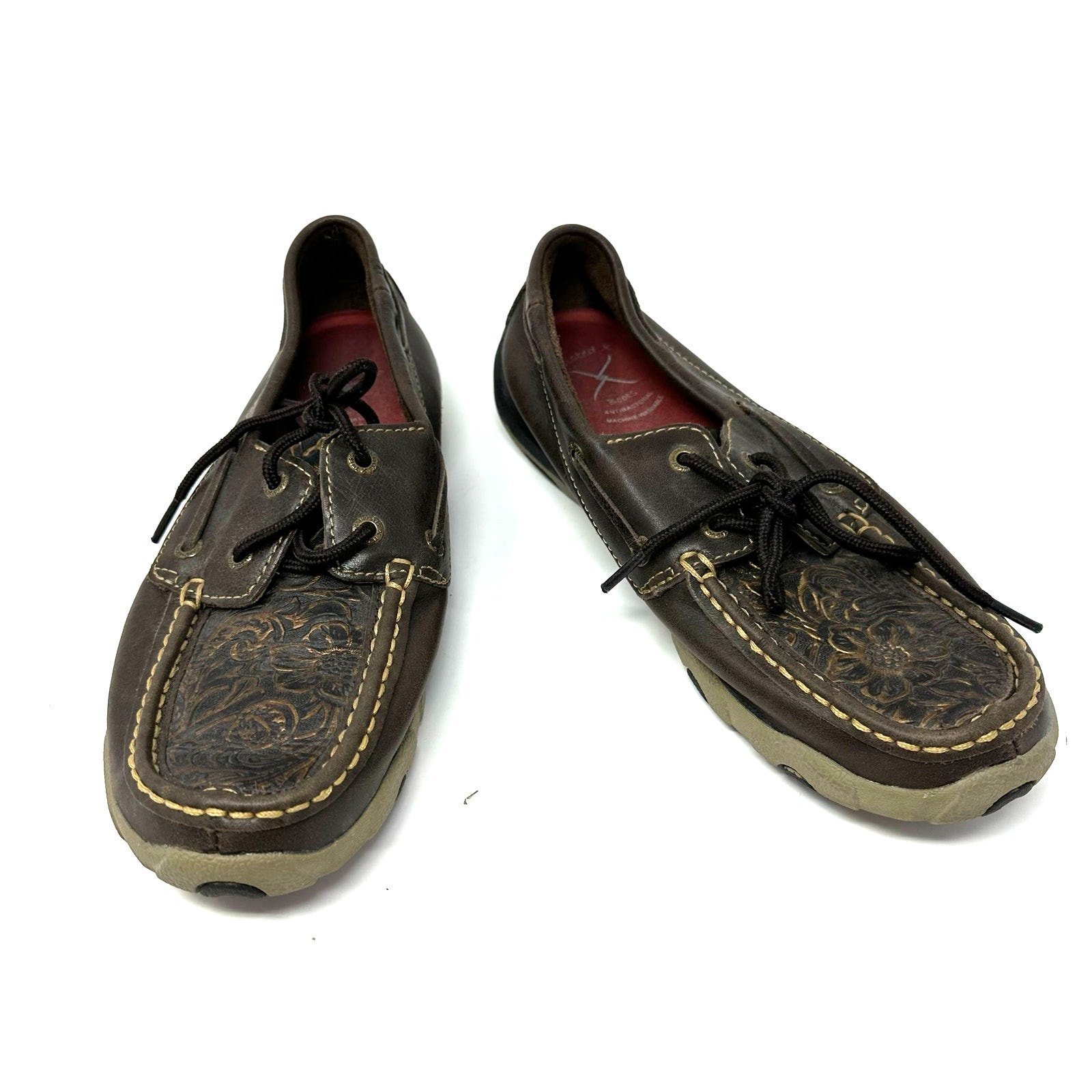 Twisted x Boots Size 8 Loafer Brown Leather Floral Embossed Laced Tread Outdoors