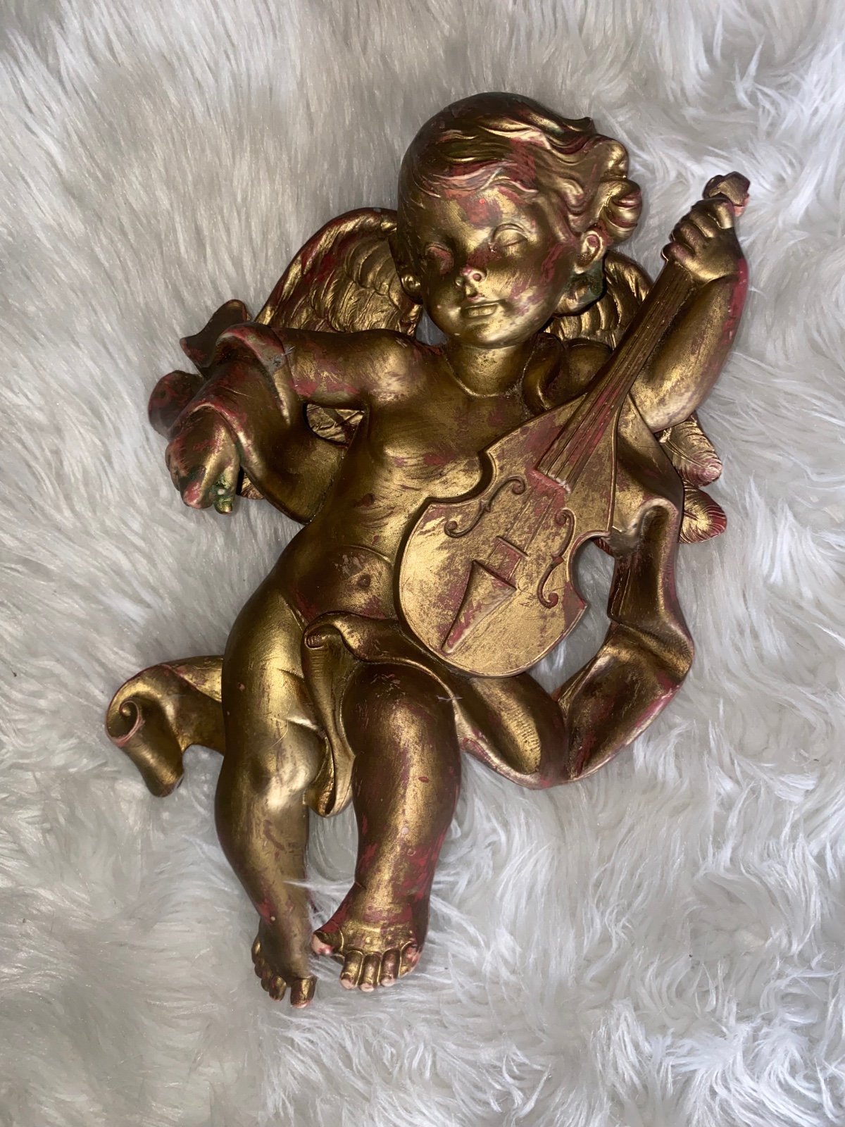 Vintage Statue Wall Figure Angel Cherub Golden With Violin Italy