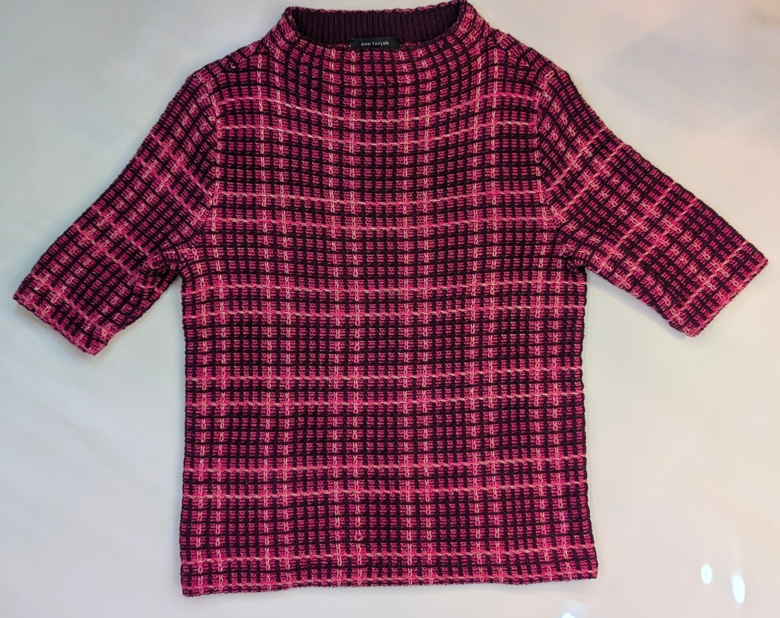 Ann Taylor Petite shimmer Plaid Lock Neck Sweater