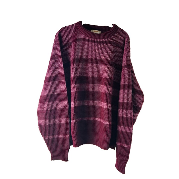 VTG 80s Mens Large Color Block Waffle Knit Crewneck Sweater Pink USA