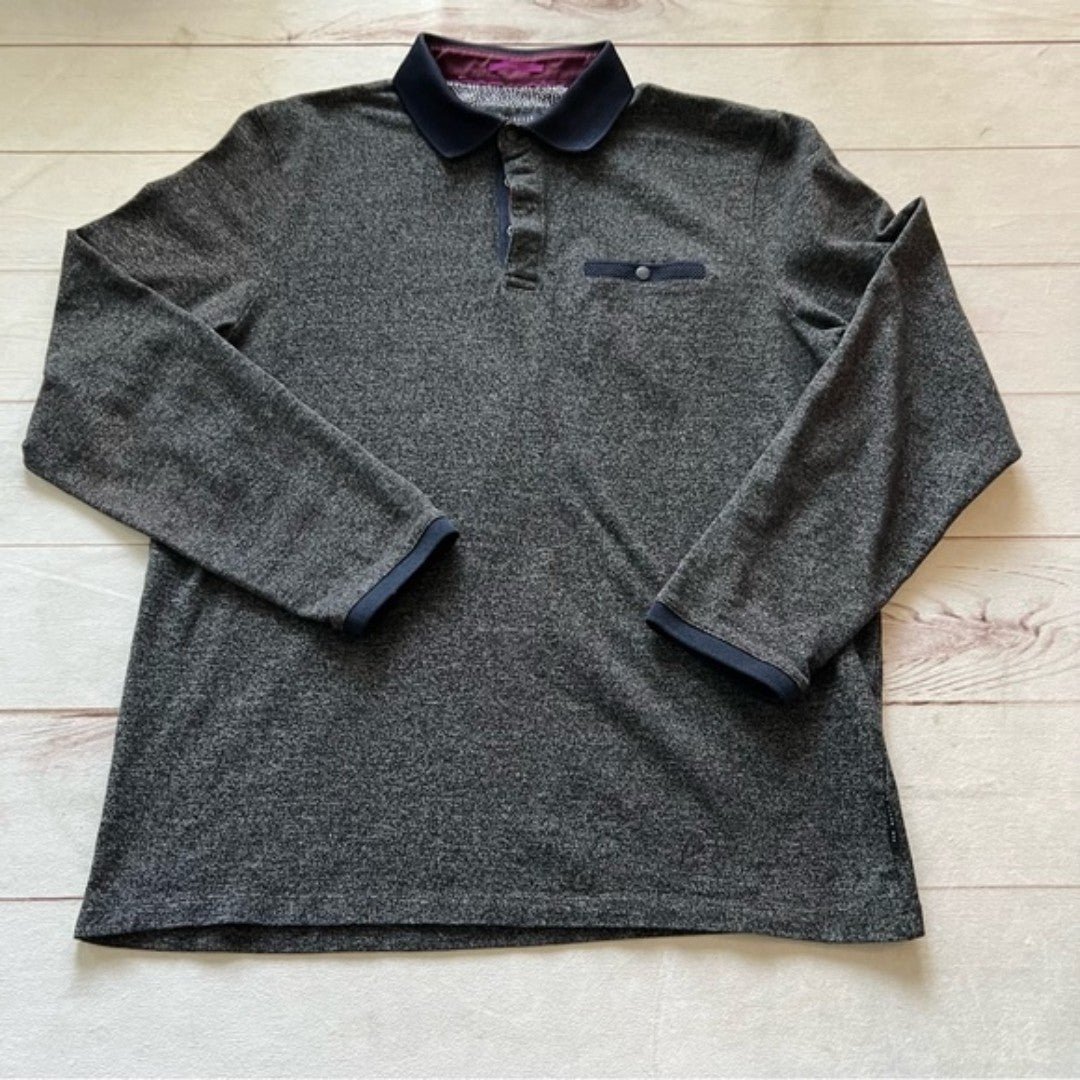 Ted Baker Mens 4 Polo Shirt Gray Long Sleeve Knit Collar Pocket Cotton Blend