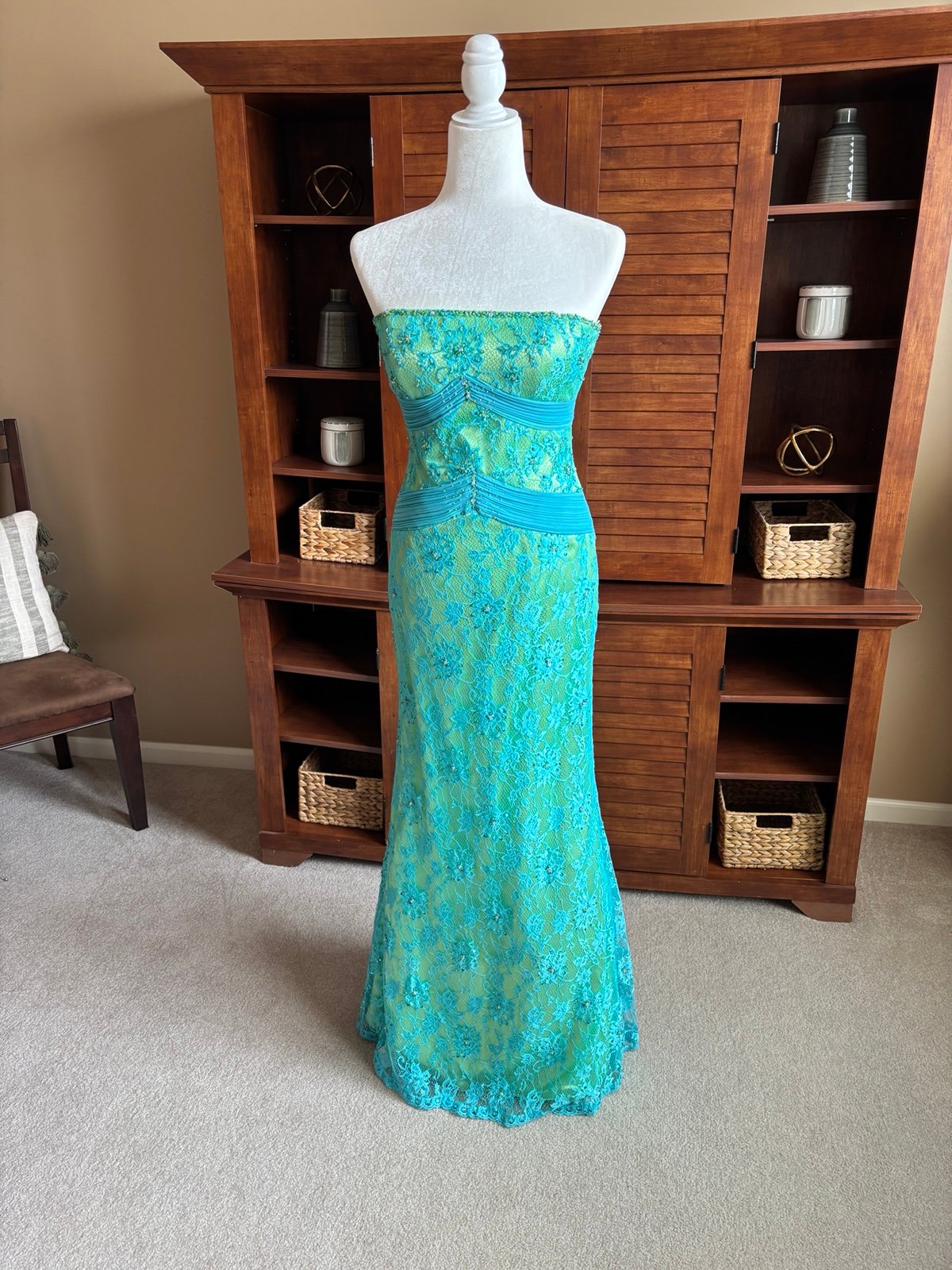 New Size 6 Flirt by Maggie Sottero Strapless Lime and Turquoise Lace Prom Dress