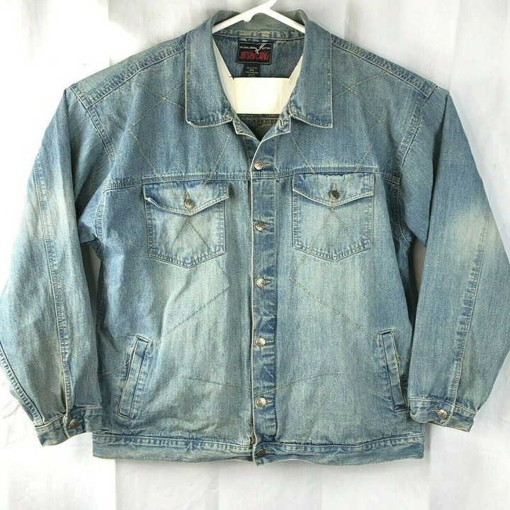 Jordan Craig XXL Denim Jean Jacket 2XL Mens Chain Stitched Zig Zags Distressed