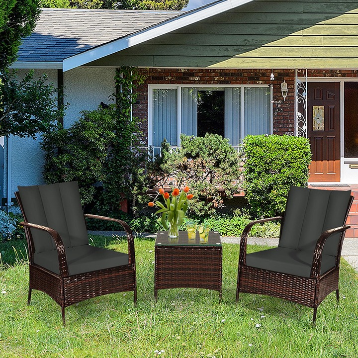 3PCS Outdoor Patio Rattan Conversation Set Furniture Set w/ Table Cushions