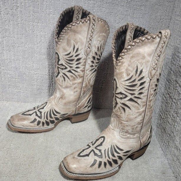 J.B. Dillon Buttercup Womens US 9.5B Black Taupe Mid Calf Leather Western Boots